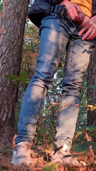 Guy Long Pissing in the Forest Under a Tree