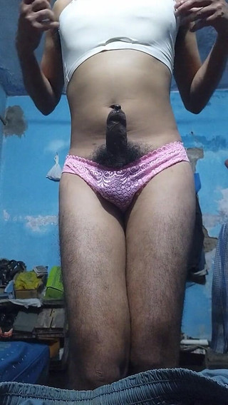 Young Indian Sissy Femboy in His Step Sister's Bra and Panties While Jerking Until Cum