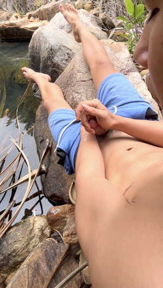 Young Vietnamese Guy Jerk Big Dick First Time Outside in Public at the Waterfall and Shoot a Huge Cumshot
