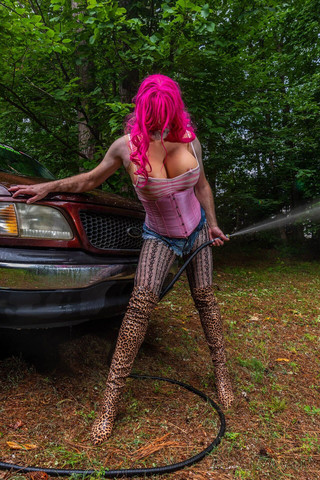 Gigantic Fake Tits Crossdresser Washing My Truck in Daisy Dukes High Heels and Corset