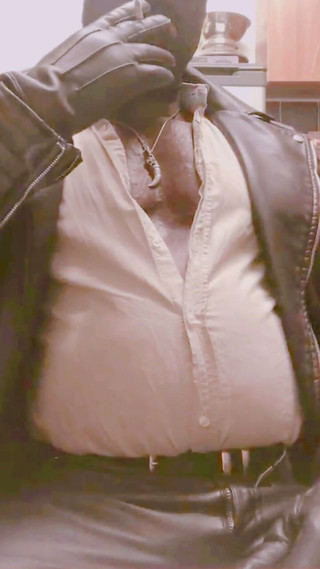 Masked Leather Attired Nipple Play Bloated Belly Smoke