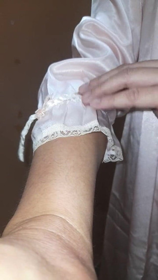 Masturbation Cum wearing woman satin lingerie dress in fitting room