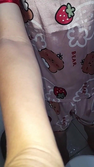 Masturbating Wearing Girl Satin Pajamas with Short Pants