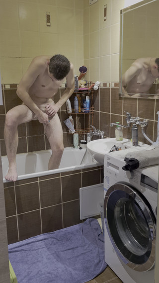 Young naughty Stepdaddy first shaved beard then his pubic hair and after that he showers himself